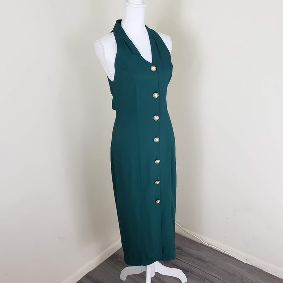 Vintage Knapp Studio Sleeveless Buttoned Halter Neck Dress Emerald Green Size 7 - Picture 2 of 11